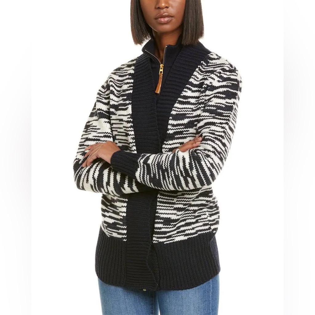 Tory Burch Olivia Intarsia Merino Wool Cardigan In Navy Xs